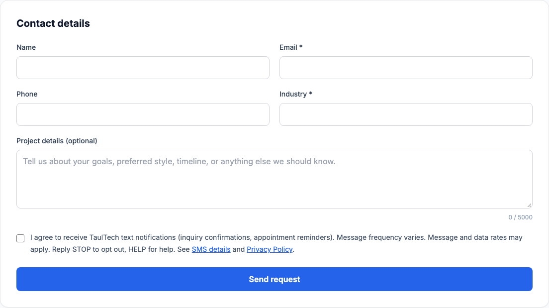 English inquiry form showing the optional, unchecked SMS consent checkbox